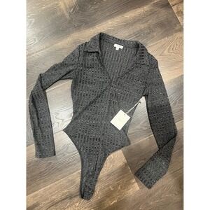 NWT! beivy Charcoal‎ Textured Collared Long Sleeve Bodysuit Size S